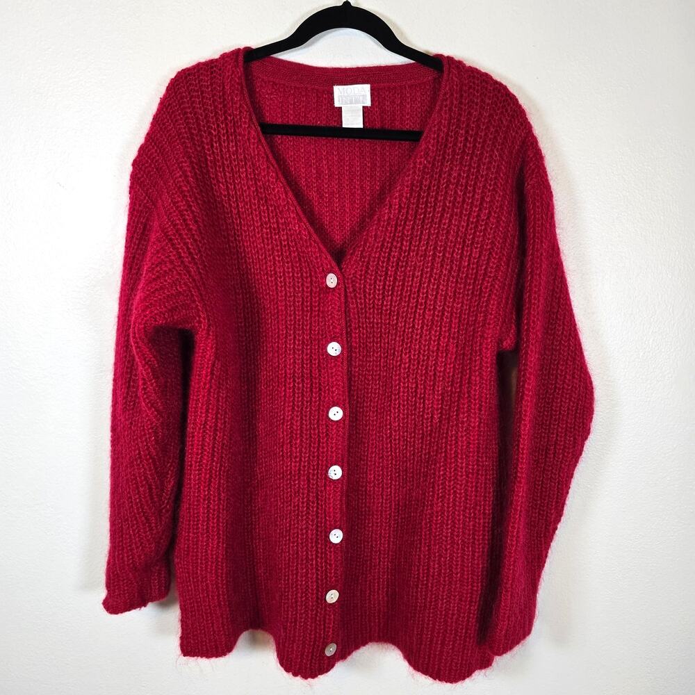 Vintage Moda Int'l Cardigan Womens M Red Mohair Blend 90s Minimalist Preppy